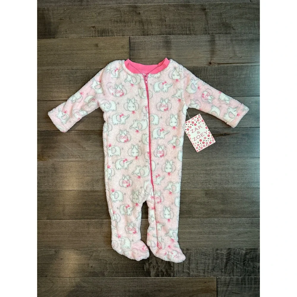 Zak & Zoey Pink Fleece Elephant Unicorn Footed Sleeper Pajama Size 0-3 Months